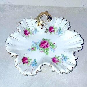 Porcelain Vintage Vanity Trinket Dish Made by ESD Japan Hand Painted Roses EUC